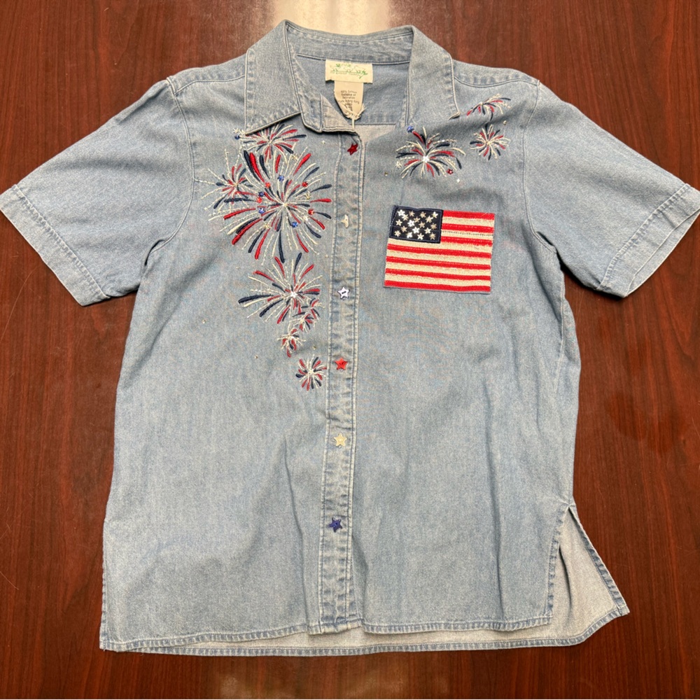 Quacker factory denim blue American flag sequins shirt size small